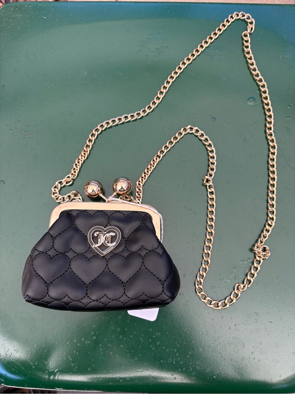 Juicy Couture Black Quilted Heart Frame Mini Crossbody with Gold Chain